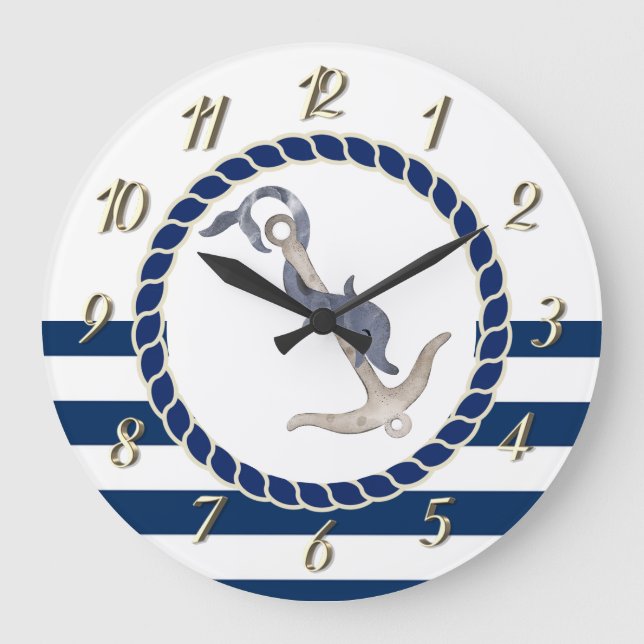 Nautical Boat Name,Anchor Dolphin Blue Striped  Large Clock (Front)