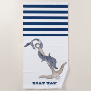 Nautical Boat Name,Anchor Dolphin Navy Blue Stripe Beach Towel