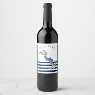 Nautical Boat Name,Anchor Dolphin Navy Blue Wine Label