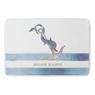 Nautical Boat Name,Anchor Dolphin Stripes  Bath Mat