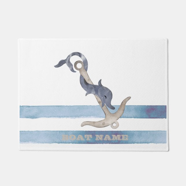 Nautical Boat Name,Anchor Dolphin Stripes Doormat (Front)