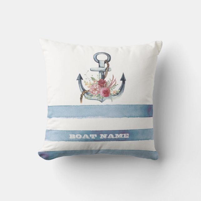 Nautical Boat Name,Anchor Flowers Stripes Cushion (Front)