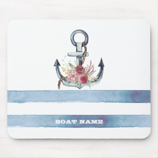 Nautical Boat Name,Anchor Flowers Stripes Mouse Pad (Front)