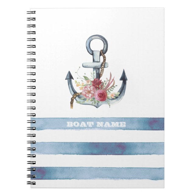 Nautical Boat Name,Anchor Flowers Stripes Notebook (Front)