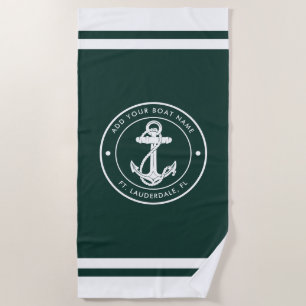 Nautical Boat Name Anchor Green Custom Beach Towel