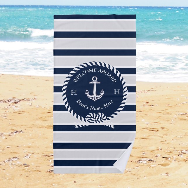 Nautical Boat Name Anchor Grey Navy Blue Welcome  Beach Towel (Creator Uploaded)