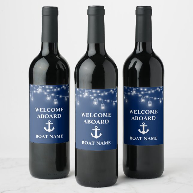 Nautical Boat Name Anchor Jar String Lights Blue Wine Label (Bottles)