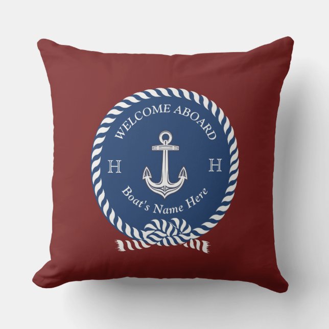 Nautical Boat Name Anchor Maroon Red Navy Blue  Cushion (Front)