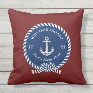 Nautical Boat Name Anchor Maroon Red Navy Blue  Cushion