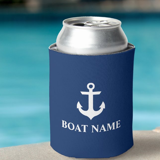 Nautical Boat Name Anchor Navy Blue Can Cooler (Customize to change text size or text style.)