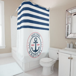 Nautical, Boat Name,Anchor Navy Blue Stripe Shower Curtain