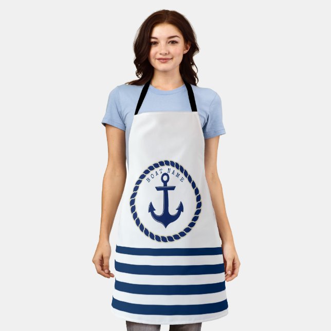 Nautical Boat Name,Anchor Navy Blue Striped Apron (Worn)
