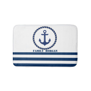 Nautical Boat Name,Anchor Navy Blue Striped Bath Mat