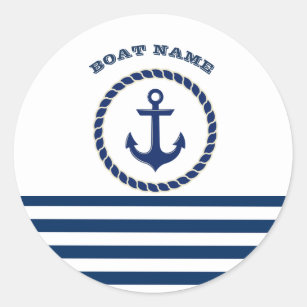 Nautical Boat Name,Anchor Navy Blue Striped Classic Round Sticker