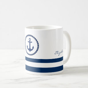 Nautical Boat Name,Anchor Navy Blue Striped Coffee Mug