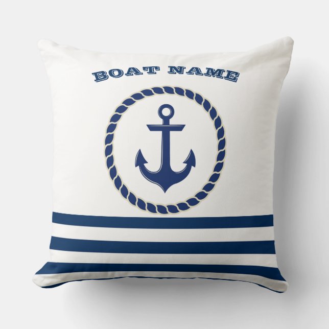 Nautical Boat Name,Anchor Navy Blue Striped Cushion (Front)