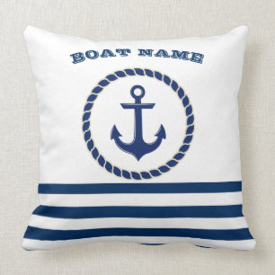 Nautical Boat Name,Anchor Navy Blue Striped Cushion