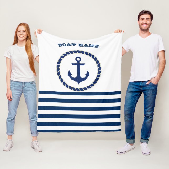 Nautical Boat Name,Anchor Navy Blue Striped Fleece Blanket (In Situ)