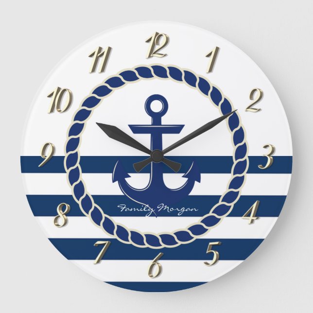 Nautical Boat Name,Anchor Navy Blue Striped Large Clock (Front)