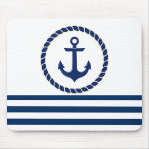 Nautical Boat Name,Anchor Navy Blue Striped Mouse Pad