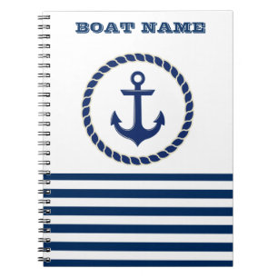 Nautical Boat Name,Anchor Navy Blue Striped Notebook