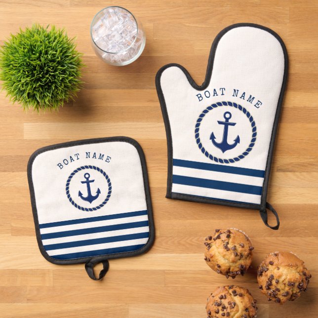 Nautical Boat Name,Anchor Navy Blue Striped Oven Mitt & Pot Holder Set (Top Down)