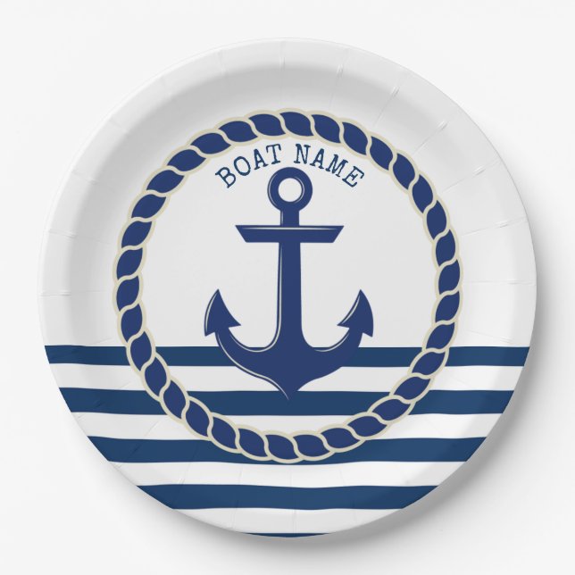 Nautical Boat Name,Anchor Navy Blue Striped Paper Plate (Front)