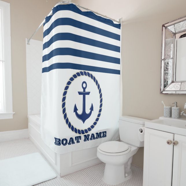 Nautical Boat Name,Anchor Navy Blue Striped Shower Curtain (In Situ)