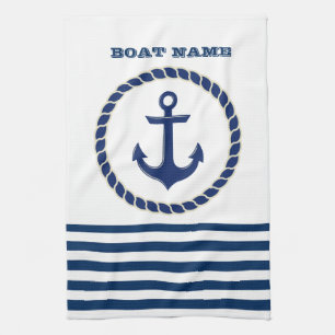 Nautical Boat Name,Anchor Navy Blue Striped Tea Towel