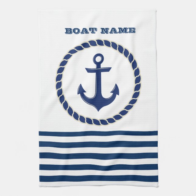 Nautical Boat Name,Anchor Navy Blue Striped Tea Towel (Vertical)
