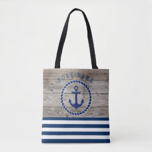 Nautical Boat Name,Anchor Navy Blue Striped Wood Tote Bag