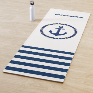 Nautical Boat Name,Anchor Navy Blue Striped Yoga Mat
