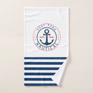 Nautical, Boat Name,Anchor Navy Blue Stripes Bath Towel Set