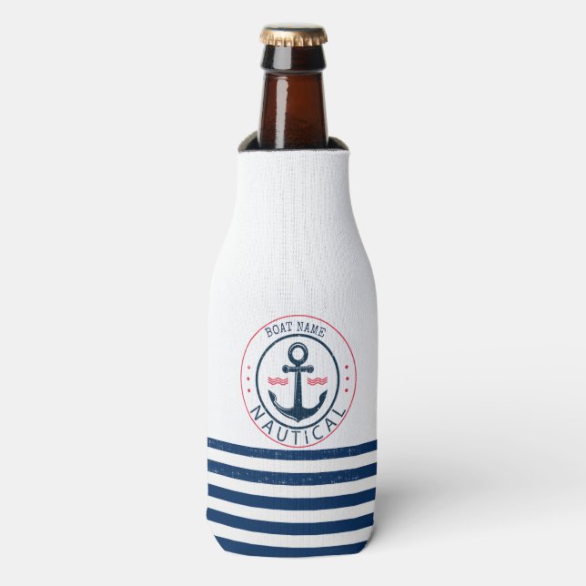 Nautical, Boat Name,Anchor Navy Blue Stripes Bottle Cooler (Bottle Front)