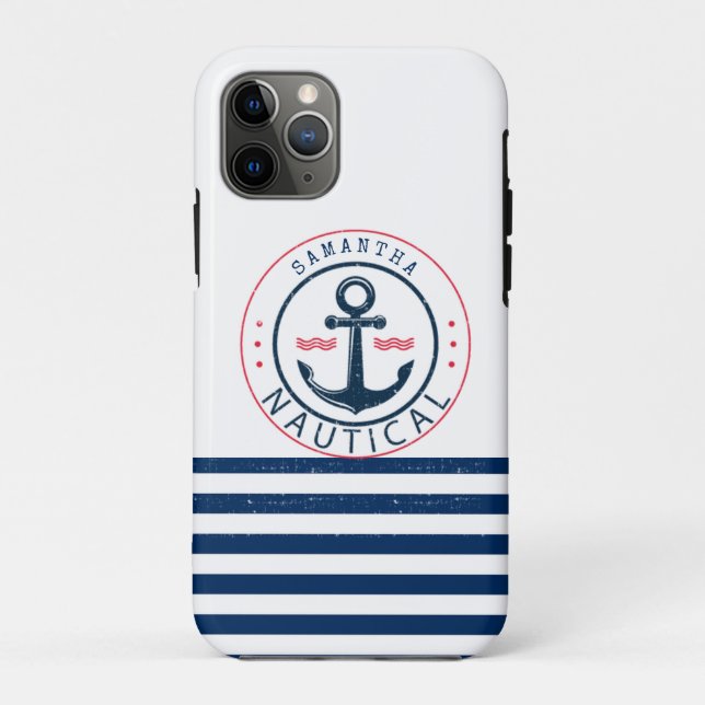 Nautical, Boat Name,Anchor Navy Blue Stripes Case-Mate iPhone Case (Back)