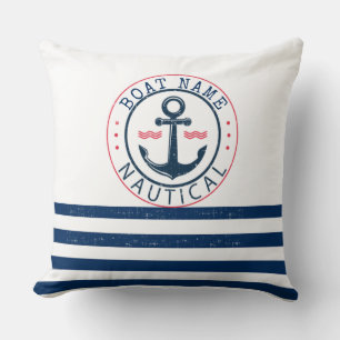 Nautical, Boat Name,Anchor Navy Blue Stripes Cushion