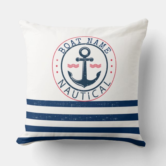 Nautical, Boat Name,Anchor Navy Blue Stripes Cushion (Front)