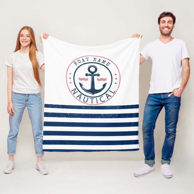 Nautical, Boat Name,Anchor Navy Blue Stripes Fleece Blanket (In Situ)