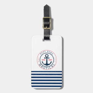 Nautical, Boat Name,Anchor Navy Blue Stripes Luggage Tag