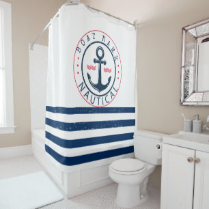 Nautical, Boat Name,Anchor Navy Blue Stripes Shower Curtain