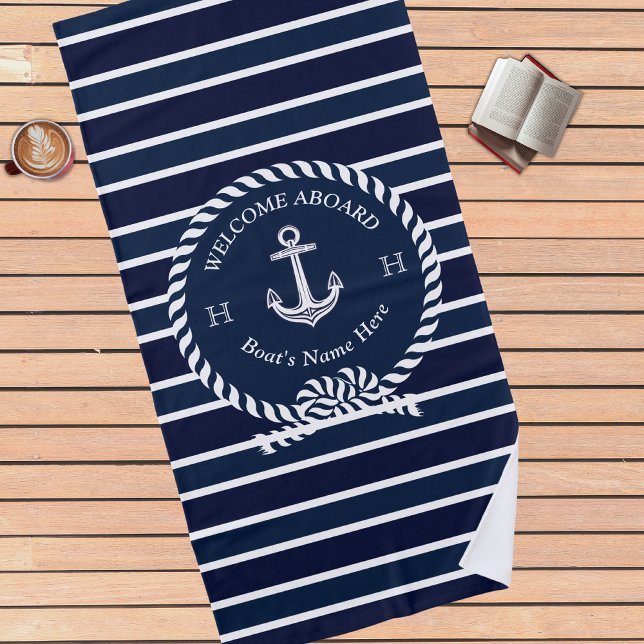 Nautical Boat Name Anchor Navy Blue Welcome Beach Towel (Creator Uploaded)