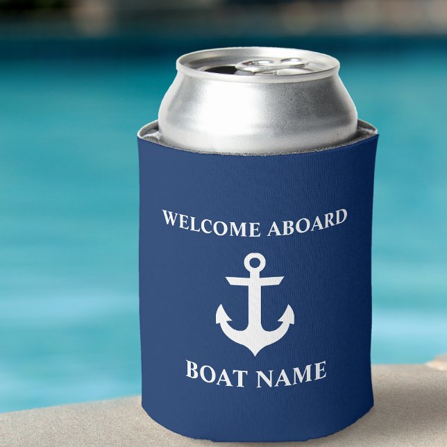 Nautical Boat Name Anchor Navy Blue Welcome Can Cooler (Customize to change text size or text style.)
