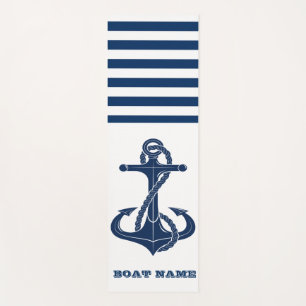 Nautical Boat Name,Anchor  Navy Blue White Striped Yoga Mat
