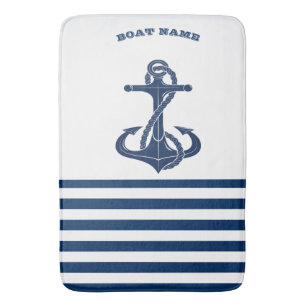 Nautical Boat Name,Anchor  Navy Blue White Stripes Bath Mat