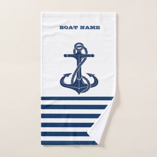 Nautical Boat Name,Anchor  Navy Blue White Stripes Bath Towel Set (Hand Towel)