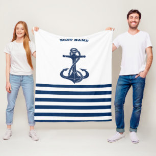 Nautical Boat Name,Anchor  Navy Blue White Stripes Fleece Blanket