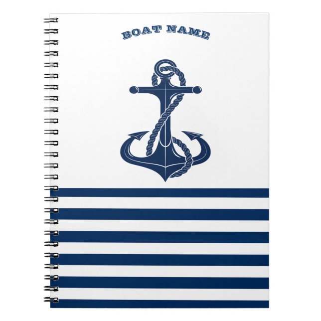 Nautical Boat Name,Anchor  Navy Blue White Stripes Notebook (Front)
