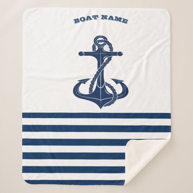 Nautical Boat Name,Anchor  Navy Blue White Stripes Sherpa Blanket (Front)
