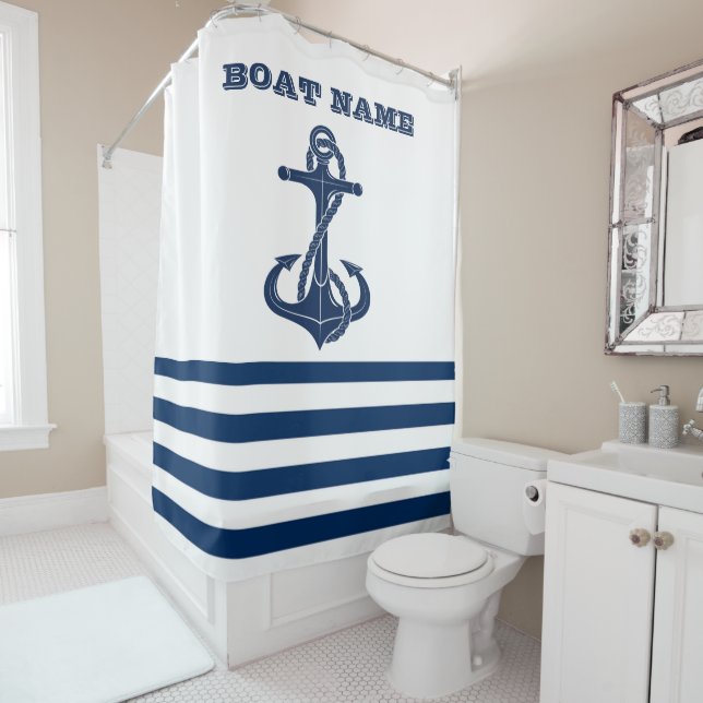 Nautical Boat Name,Anchor Navy Blue White Stripes Shower Curtain (In Situ)