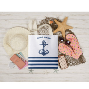 Nautical Boat Name,Anchor Navy Blue White Stripes Tote Bag
